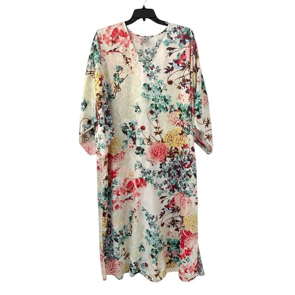 Natori Women’s Size 1X Floral Satin Kaftan Lounge Dress Kimono Resort Boho Chic - Picture 1 of 6